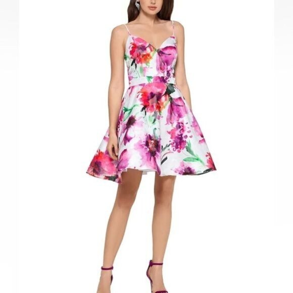 NWOT Xscape White Pink Floral Fit and Flare Mini Dress 12 - Picture 1 of 14
